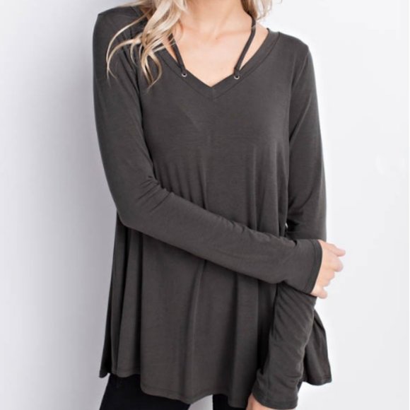 Olive Green Bamboo V Neck Long Sleeve Top - Picture 2 of 6